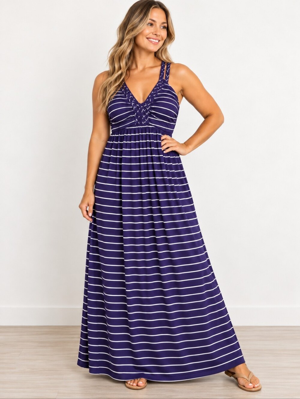 Design History Striped Braided Strap V Neck Maxi Dress XL Navy Blue White